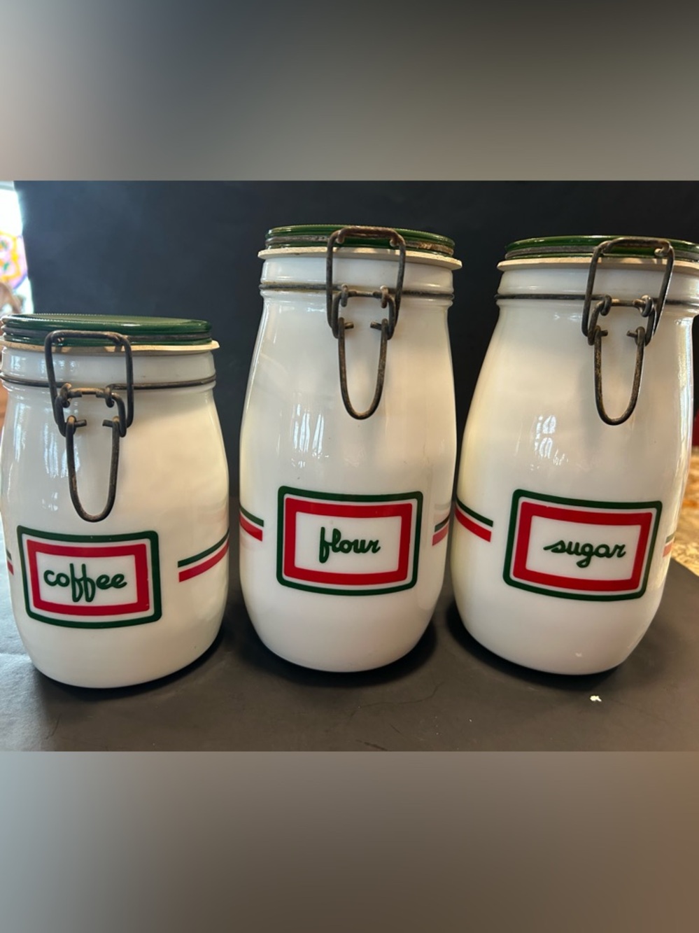 VTG MCM Wheaton Cucina Milk Glass Canister Set White Red Green 3 pc Farmhouse.